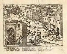 Massacre à Saint-Valeri, gravure de Frans Hogenberg (XVIe&nbsp;siècle).