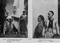 Hommes de Tlemcen au début XXe&nbsp;siècle : burnous, haïk, djabadouli et djellaba.