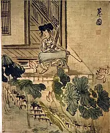 Une femme au jardin de lotus (Gisaeng tenant un saenghwang et une pipe). Encre, couleur légère s. soie, H. 29,6&nbsp;cm. Shin Yun-bok (v.1758-ap.1813). Scène de genre: femmes. 3 feuilles d'un album de 7. Musée national de Corée.