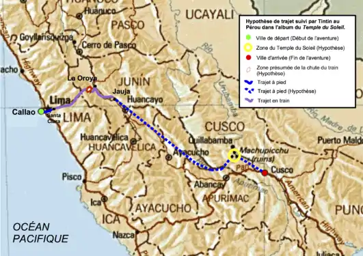 Carte du Pérou dans laquelle un chemin est tracé selon un code couleur (« réalisé à pied » et « réalisé en train »)