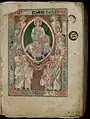 Iesus et duodecim propetae minores (Jésus et les douze petits prophètes), miniature dans le goût des icônes byzantines avec frize aux motifs koufique et zoomorphes. Explanationes in Danihel prophetiam, Prophetas et Ecclesiasten : Commentaires sur la prophétie de Daniel, les douze petits prophètes et l'Ecclésiaste de Saint Jérôme, XIIe&nbsp;siècle, Dijon, Bibliothèque municipale, Ms 132, f. 2 R.