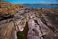 Rochers de grès rose et lichens orange