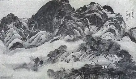 Éclaircie au mont Inwang après la pluie. Chŏng Sŏn (1676-1759). Encre sur papier, 1751. 79&nbsp;×&nbsp;138&nbsp;cm. Musée d'art Ho-Am