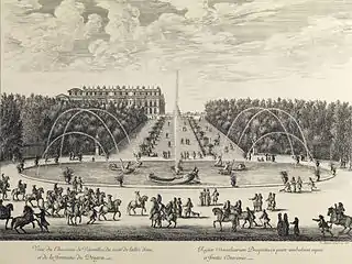 Israël Sivestre,Vue du château de Versailles, du côté de l'allée d'eau et de la fontaine du dragon.
