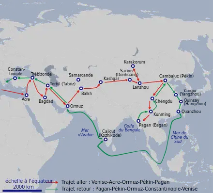 carte bicolore de l’Asie et d'une partie de l’Afrique et de l'Europe, comprenant des villes et deux itinéraires figurés en couleurs différentes.
