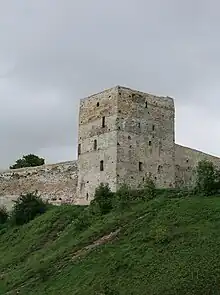 Photographie d'une tour d'une forteresse en pierre médiévale.