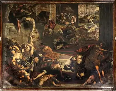 Enchevêtrement d'hommes, de femmes et d'enfants s'entretuant dans un clair-obscur.