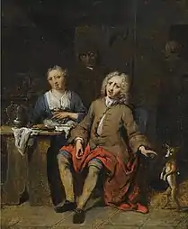 Un couple élégant dans un intérieur avec un chien dansant, collection particulière