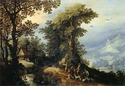Jan Brueghel l'Ancien, Paysage avec chasseurs (1594-1595).
