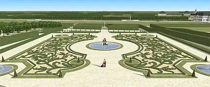 Restitution de la vue depuis le balcon du premier étage du Petit château de Brunoy, vers 1750.