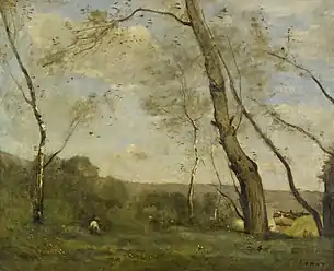 Jean-Baptiste Camille Corot, Grands arbres dominant la berge d'une rivière, 1855.
