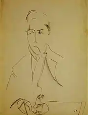 Dessin au crayon d'un homme en buste à peine esquissé, long nez droit et pipe à la bouche