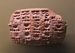 Tablette en argile divisée en cases comprenant des signes proto-cunéiformes et numériques.