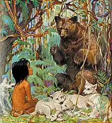 Dessin en couleurs représentant Mowgli, l'ours Baloo et quatre louveteaux dans la jungle.