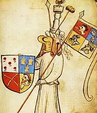 Des armoiries imaginaires attribuées à Jésus inspirées des instruments de la Passion, d'après l'armorial Hyghalmen (milieu du XVe&nbsp;siècle).