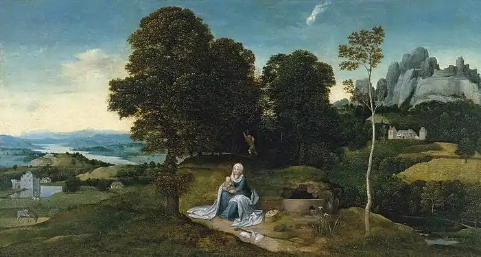 12 : Atelier de Joachim Patinier, Paysage avec repos pendant la fuite en Égypte, Museo Thyssen-Bornemisza.