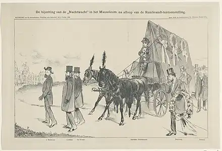 Johan Braakensiek, L'Enterrement de La Ronde de nuit dans le mausolée, après la fin de l'exposition Rembrandt, caricature dans De Amsterdammer du 9 octobre 1898.