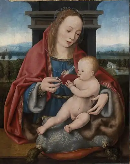 5.  Joos van Cleve, Vierge à l'enfant avec le vin, 1485-1540, huile sur panneau, 52,7&nbsp;×&nbsp;41,7&nbsp;cm, zépművészeti Múzeum, Budapest, inv. 4329.