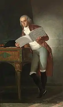 peinture : un homme debout, accoudé sur un piano où l'on devine un violon, tient une partition de musique et regarde le spectateur.