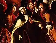 Tableau représentant Thérèse inconsciente, entourée d'anges dont l'un lui perce le cœur d'une flèche enflammée.