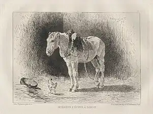 Intérieur d'écurie à Samois, 1876, gravure.