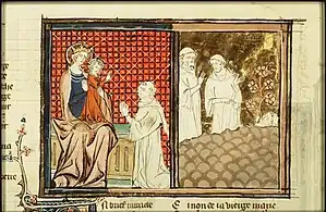 Fol. 23r: Le moine aux cinq roses dans sa bouche