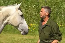 Photographie de la tête d'un cheval gris et du buste d'un homme, les deux s'entre-regardant.