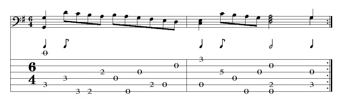 Effet de campanella, tablature avec la transcription sur une portée - extrait du Canario du Libro quarto d'intavolatura di chitarone
