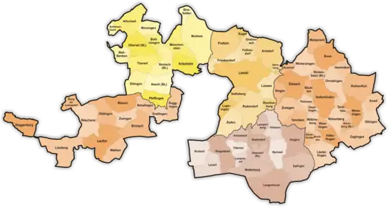 Carte du canton de Bâle-Campagne au 1er janvier 1994.