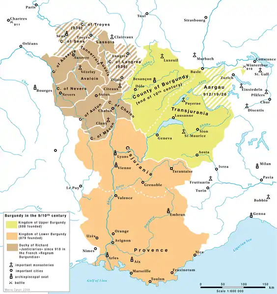Le duché de Bourgogne (en marron) et le royaume de Haute Bourgogne (en vert) dans la Bourgogne du Xe&nbsp;siècle
