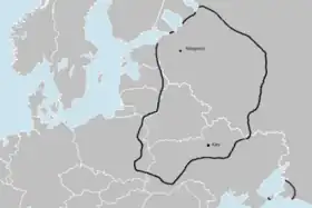 Limites géographiques de la Ruthénie, associées à la Rus' de Kiev au XIe&nbsp;siècle.