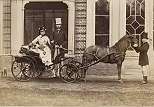 Assis dans une calèche dont le cheval est tenu en mains par un piqueur, Louise et son frère habillés de clair et coiffés d'un chapeau orné posent sous le regard de la future reine Marie-Henriette en tenue luxueuse claire à damiers foncés et du futur roi Léopold II vêtu d'une redingote sombre et d'un pantalon clair et coiffé d'un chapeau haut de forme