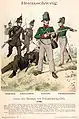 La Schwarze Schar brunswickoise, à gauche et derrière les soldats dans la version originale de type Litewka&nbsp;(de) de la jupe de polo, 1809