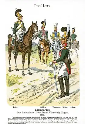 Des cavaliers italiens du XIXe&nbsp;siècle, dont un à pied.