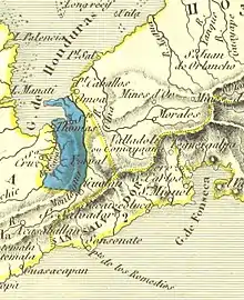 Cartographie ancienne représentant en bleu la Colonisation du district de Santo-Thomas de Guatemala par la Communauté de l'Union, fondée par la Compagnie Belge de Colonisation.