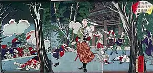 Gravure sur bois en couleur représentant, devant un bâtiment, au milieu d'arbres l'entourant, un affrontement entre, à gauche, un groupe de soldats armés de fusils, dont trois portent des perruques rouges distinctives, et, à droite, un groupe de samouraïs dont, au premier plan, un homme semblant crier qui fait face aux assaillants en brandissant un sabre.