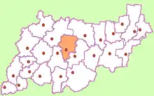 Carte montrant les différents raïons de l'oblast de Kostroma, avec le raïon de Parfenievo mis en évidence. L'emplacement de Parfenievo est montré.
