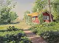 Johan Krouthén : Paysage ensoleillé d'été avec un chalet rouge (1919)