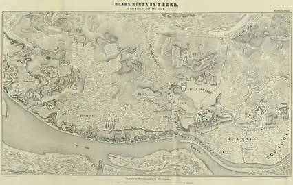Xe s. Plan de Kiev au Xe&nbsp;siècle. Reconstitution par Nikolaï Zakrevsky dans la Description de Kiev ("Описание Киева"), Moscou, 1868.