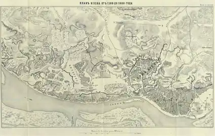 1700-1800. Plan de Kiev de 1700 à 1800. Reconstitution par Nikolaï Zakrevsky dans la Description de Kiev ("Описание Киева"), Moscou, 1868.