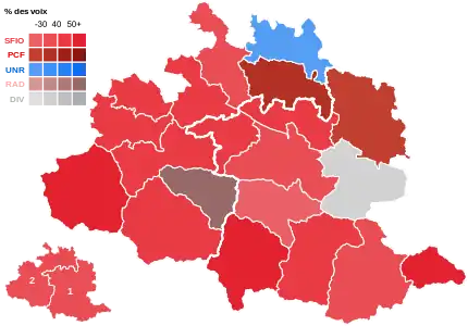 Parti en tête par canton (1er tour).