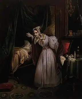 L'Anxiété maternelle, Salon de 1834, lithographie couleur d'après Aimable Le Bot.