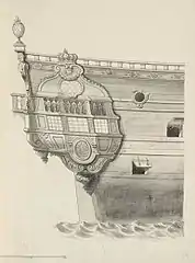 Dessin de la décoration des bouteilles, de chaque côté du gaillard arrière.