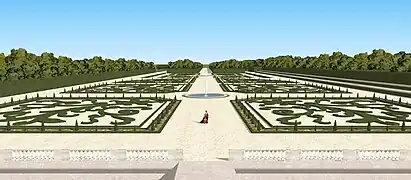 Restitution de la vue sur les parterres du château de Limours, depuis le premier étage, vers 1650.