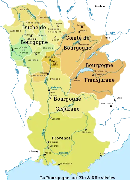 Le duché (en vert) et le comté de Bourgogne (en marron) dans la Bourgogne du XIe&nbsp;siècle.
