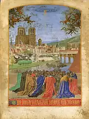 Groupe de personnes agenouillés en prière regardant une main dans le ciel. À l'arrière, l'île de la Cité et un pont.