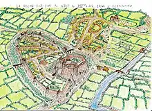 Dessin représentant une vue aérienne de la ville de la Roche-sur-Yon telle qu'elle pouvait être vers le XIVe siècle, avec son château fort et le bourg fortifié.