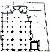 Sur un plan, le cimetière à droite et en haut,