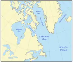 Carte de la mer du Labrador. La mer s'étend au sud jusqu'à la pointe nord de Terre-Neuve.