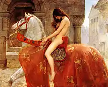 peinture d'une femme nue, la tête baissée, à califourchon sur un cheval.